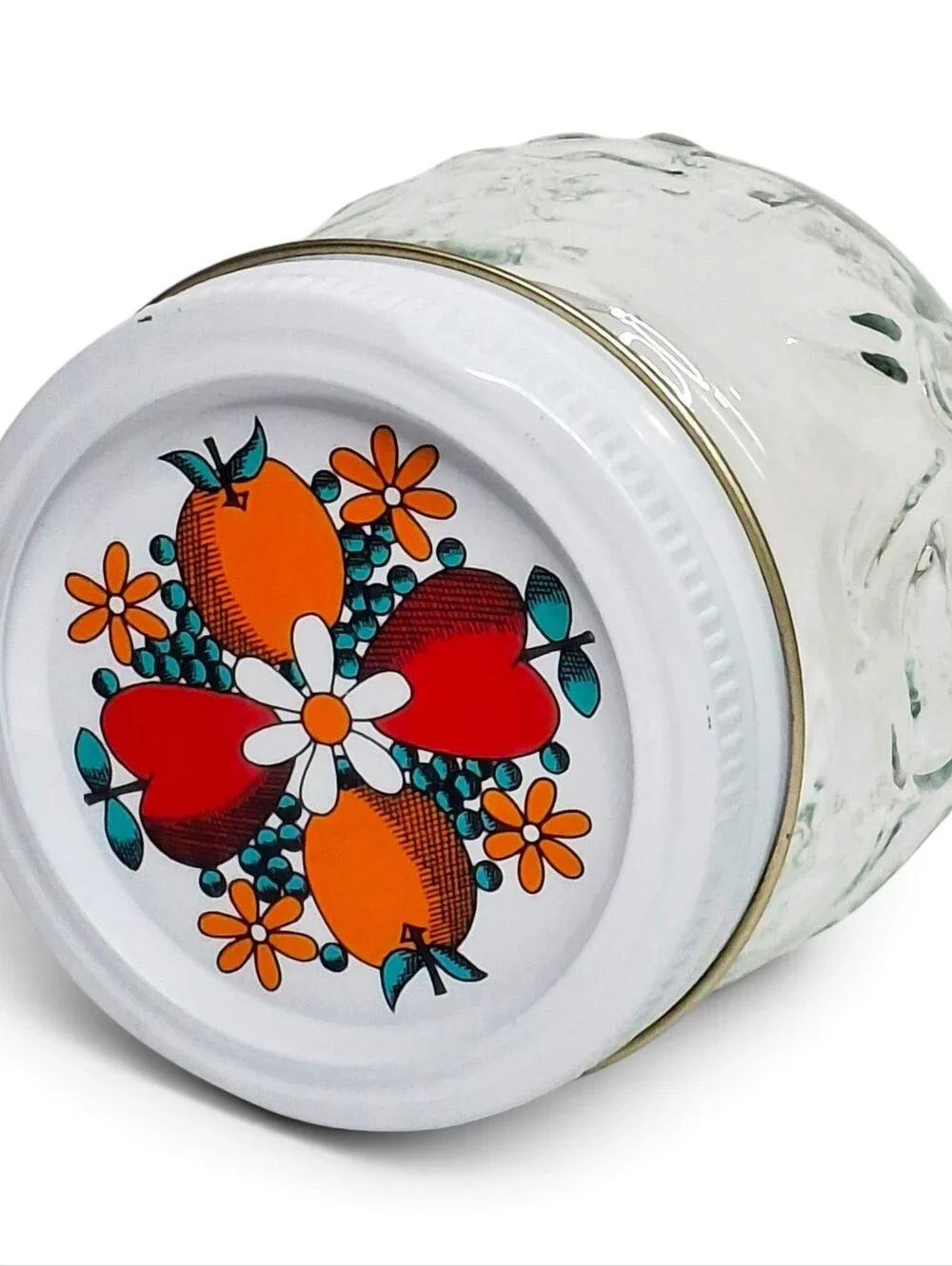 Kerr Country Kitchen Mason Jar Vintage Fruit Embossed Storage Jar Lithograph Lid